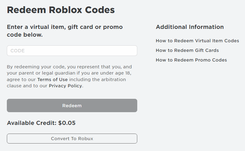 Redeem a Roblox Gift Card Screen